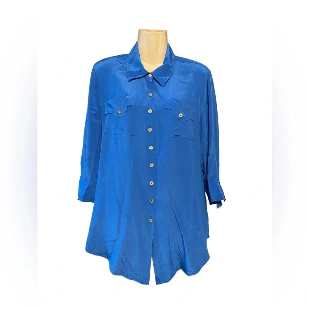 Soft Surroundings Blue Silk Button Down Top